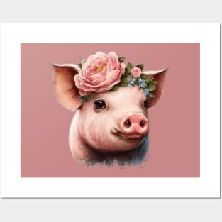 Pig With Leopard Headband Flower Cute Pig Lover Posters and Art